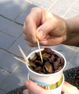 Beondegi served in a paper cup with toothpicks, the classic Korean street-snack format. (Photo: Nesnad, CC BY 3.0 via Wikimedia Commons)