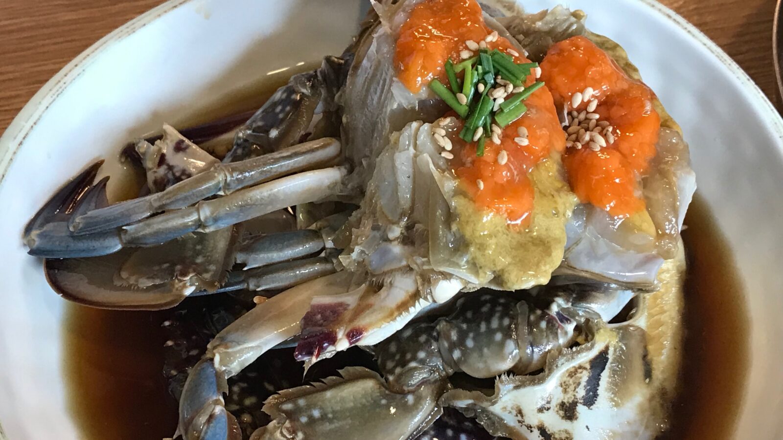 Ganjang-gejang (soy-marinated raw crab).