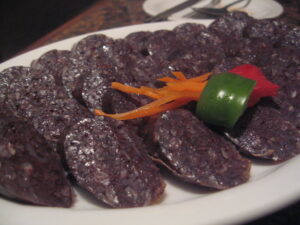 Sundae (순대), Korean blood sausage, served on a plate.